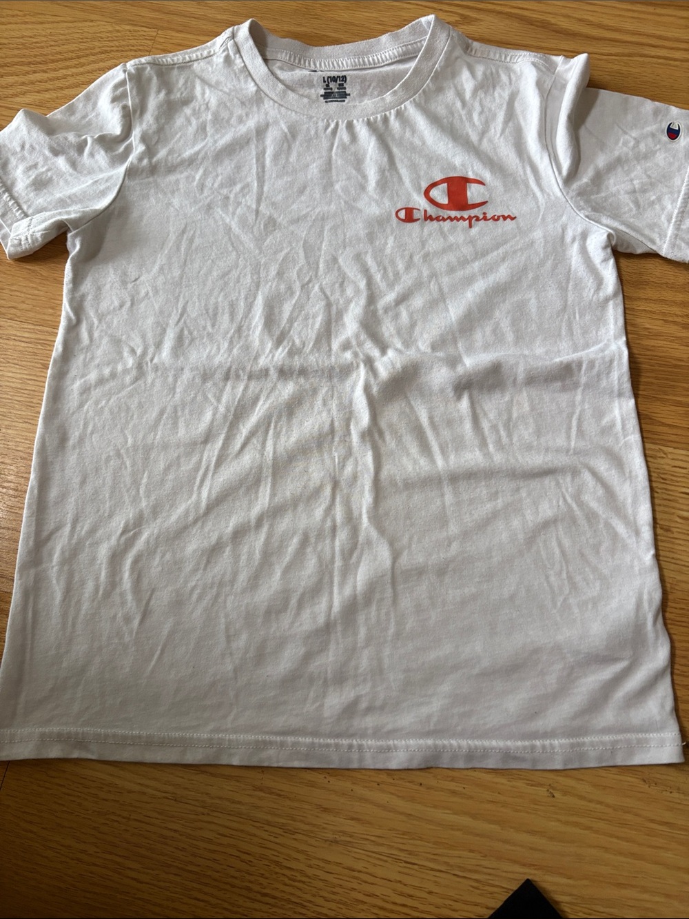 Champion Boys White Tee with Orange-Red Logo Size L 10/12 Athleisure Casual